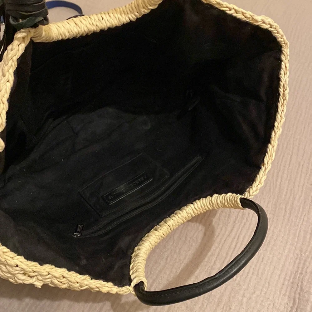 Rebecca Mincoff Stylish Black and Tan Straw Pom Pom Women's Handbag